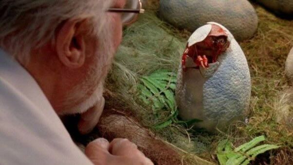 a still from jurassic park where hammnd watches a velociraptor egg hatch